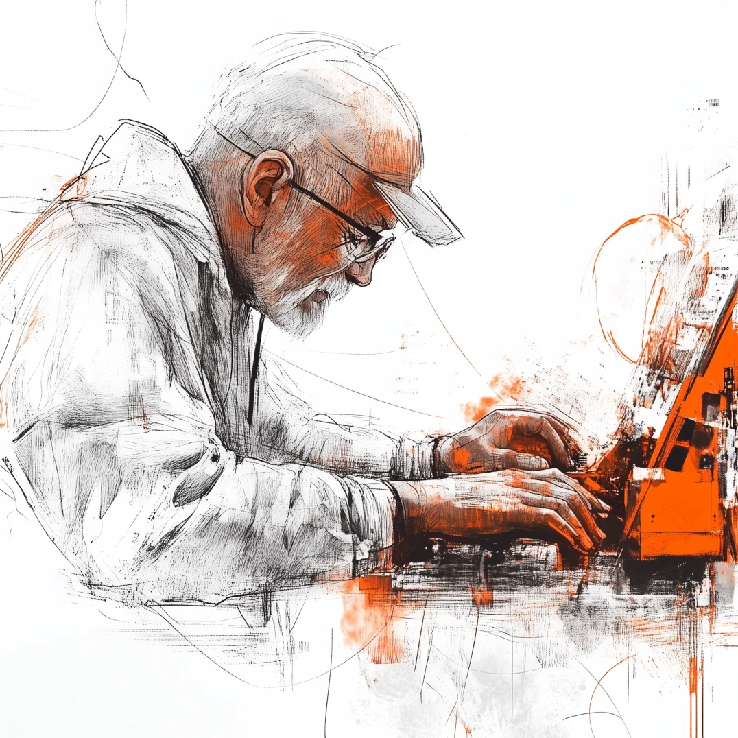 product search ai generated image by wade john beckett using midjourney depicting an older automation engineer searching for automation hardware using aged automations product search feature