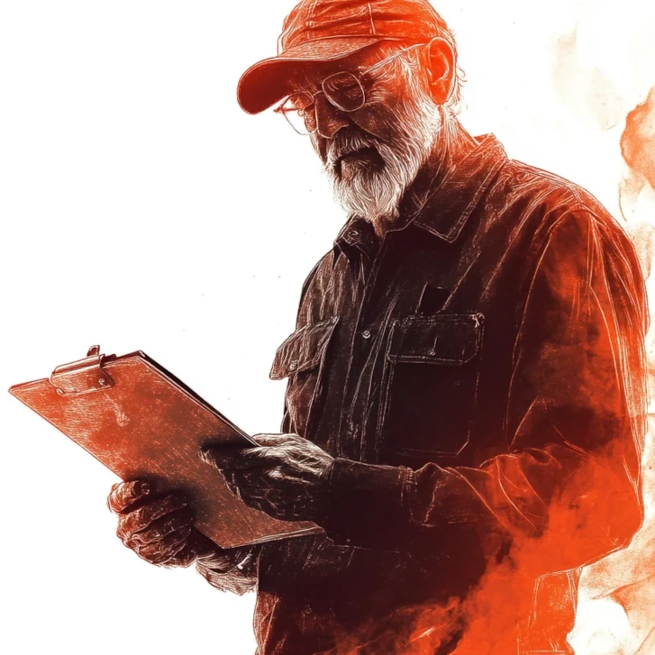 request a quote ai image of an older gentleman with a clipboard waiting for a clients requirements for automation equipment